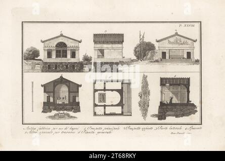 Ancient Roman balneae or bath house architecture. Main elevation 1, rear elevation 2, side elevation 3, cross sections 4,5, and general plan 6. Copperplate engraving by Domenico Pronti from his own New Collection Representing Religious, Civil and Military Costumes of the Ancient Egyptians, Etruscans, Greeks and Romans, Nuova Raccolta Rappresentante I Costumi Religiosi Civili e Militari, Rome, 1805. Stock Photo