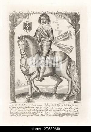 Robert Greville, 2nd Baron Brooke, 1607-1643. Radical Puritan activist and leading member of the opposition to King Charles I of England. In armour on horseback with coat of arms. Robert, Lord Brooke, Baron of Beauchamp Court. From the unique equestrian plate in Earl Spencer's copy of Clarendon's History of the Rebellion, 1704. Copperplate engraving from Samuel Woodburns Gallery of Rare Portraits Consisting of Original Plates, George Jones, 102 St Martins Lane, London, 1816. Stock Photo