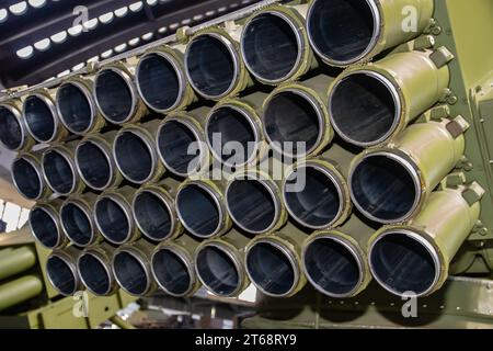 Multi-barrel rocket launcher (MRL) or multiple launch rocket system (MLRS) with32 launch tubes of caliber 128 mm, war military equipment, exposed Stock Photo