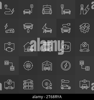 Plug-in electric automobile simple vector icons. EV charging station and Electric Car concept outline signs on dark background Stock Vector