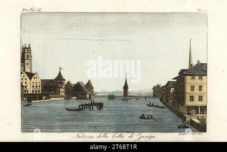 View of the city of Zurich, bridge over the River Limmat and Lake Zurich, Switzerland, early 19th century. Interno della Citta di Zurigo. Handcoloured copperplate engraving by Migliavacca after Giulio Ferrario in his Costumes Ancient and Modern of the Peoples of the World, Il Costume Antico e Moderno, Florence, 1837. Stock Photo