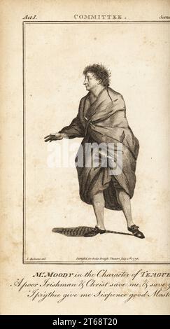 Mr. John Moody in the character of Teague in Robert Howards The Committee. Copperplate engraving by Walker after an illustration by James Roberts from Bells British Theatre, Consisting of the most esteemed English Plays, John Bell, London, 1780. Stock Photo