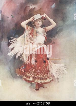 Miss Evie Greene in the title role in Kitty Grey, a hit musical by J.S. Pigott, music by Augustus Barratt and Howard Talbot, at the Apollo, 1901. Edith Elizabeth Greene, English actress and singer in Edwardian musical comedies, 1875-1917. Photograph by Alfred Ellis and Walery (Stanislaw Julian Ignacy). Colour printing of a hand-coloured illustration based on a monochrome photograph from George Newness Players of the Day, London, 1905. Stock Photo