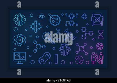 Human Genetic Modification outline colorful banner. Vector Genetics and Science horizontal illustration on dark background Stock Vector