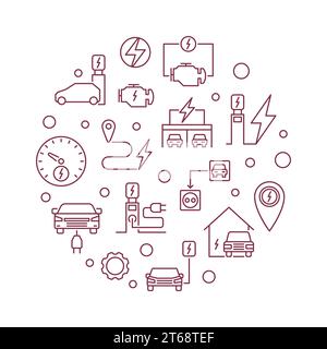 Charging stations and electric cars round vector red illustration in outline style on white background Stock Vector