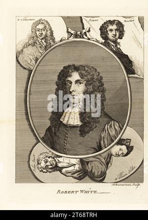 Portrait of Robert White, English draughtsman, engraver., and leading portrait engraver, 1645-1703. Surrounded by oval portraits of Scottish engraver William Elder. Flemish artist Paul Van Somer, John Stuart, English mezzotint engraver Isaac Beckett. Copperplate engraving by Alexander Bannerman after a portrait by an unknown artist from Horace Walpoles Anecdotes of Painting in England, London, 1765. Stock Photo