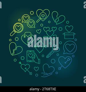 Broken love vector round colored outline illustration on dark background Stock Vector