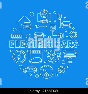 Electric Cars round vector illustration in thin line style on blue background Stock Vector