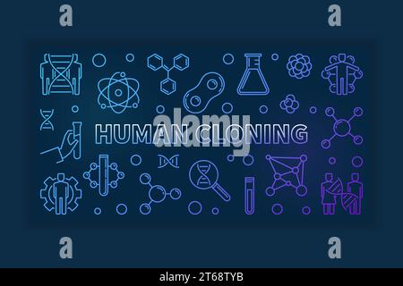 Human cloning colorful thin line horizontal illustration on dark background. Vector science banner Stock Vector