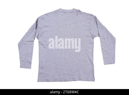 Gray pullover isolated on white background. Gray sweatshirt mock up empty copy space. Stock Photo