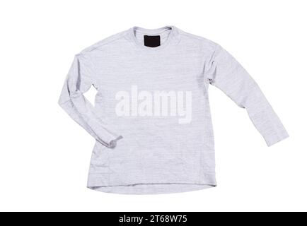Gray pullover isolated on white background. Gray sweatshirt mock up empty copy space. Stock Photo