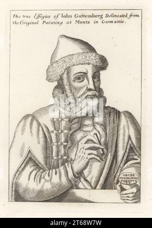 Johannes Gutenberg, c.1400-1468, German inventor, printer, publisher, and goldsmith. In fur-lined cap and coat, doublet, holding a letter of type and an alphabet stamp. Iohn Guttemberg. From the original painting at Mainz. Copperplate engraving from Samuel Woodburns Gallery of Rare Portraits Consisting of Original Plates, George Jones, 102 St Martins Lane, London, 1816. Stock Photo