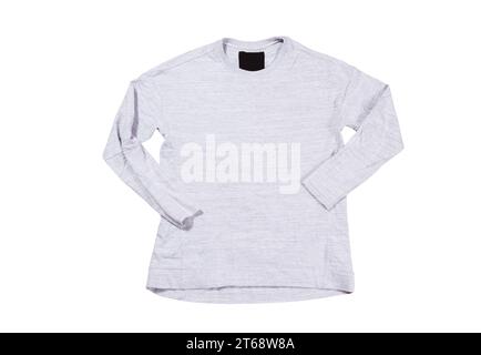 Gray pullover isolated on white background. Gray sweatshirt mock up empty copy space. Stock Photo