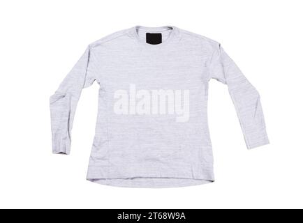Gray pullover isolated on white background. Gray sweatshirt mock up empty copy space. Stock Photo