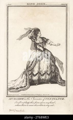 Mrs Barry in the character of Constance in William Shakespeare's King John, Drury Lane Theatre, 2 February 1774. In panniered dress decorated with pearls, clutching her veil with her hand. Ann Barry, later Ann Crawford, 1734-1801, was an English singer, dancer and stage actress. Copperplate engraving after a portrait by James Roberts from John Bell's Edition of Shakespeare, London, December 26, 1775. Stock Photo
