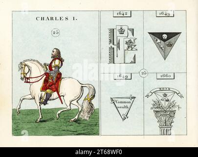 Portrait of King Charles I of England, with emblems. Charles in plate armor, sash and boots with sword on horseback. Emblems indicate the start of the Civil War, the death of the king, the Commonwealth and the Restoration. Handcoloured steel engraving after an illustration by Mary Ann Rundall from A Symbolical History of England, from Early Times to the Reign of William IV, J.H. Truchy, Paris, 1839. Mary Ann Rundall was a teacher of young ladies in Bath, and published her book of mnemonic emblems in 1815. Stock Photo