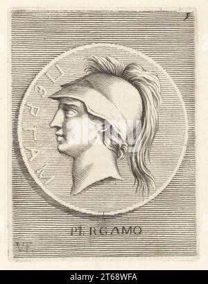 Young Pergamus, son of the warrior Neoptolemus and Andromache, mythical founder of the city of Pergamum. In helmet with crest. Pergamo. From a bronze medal. Copperplate engraving by VF after Giovanni Angelo Canini from Iconografia, cioe disegni d'imagini de famosissimi monarchi, regi, filososi, poeti ed oratori dell' Antichita, Drawings of images of famous monarchs, kings, philosophers, poets and orators of Antiquity, Ignatio deLazari, Rome, 1699. Stock Photo