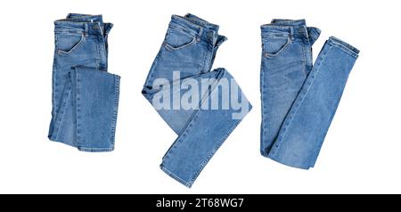Denim set isolated, folded blue jeans pants collage over white Stock Photo