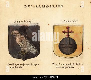 Imaginary coats of arms of the Third Chapter of King Arthurs Knights of the Round Table: Arthur ly Bleys or the Stammerer with silver sparrowhawk and Chaulas with black orb and red cross. Chevaliers de la table ronde: Artus le Bloy, Chavlas. Handcoloured woodblock engraving from Hierosme de Baras Le Blason des Armoiries, Chez Rolet Boutonne, Paris, 1628. Stock Photo