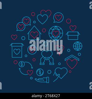 Charitable trust circular vector concept illustration in thin line style on dark blue background Stock Vector