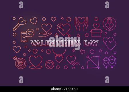 Valentines Day vector colored outline illustration or banner on dark background Stock Vector