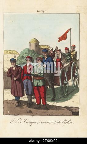 Ural Cossack bride and groom leaving church after their wedding. The bride rides in an open carriage, her face covered with veils. The groom and his parents walk in front while a rider hoists a red flag behind. Noce Cosaque, revenant de l'eglise. Handcoloured copperplate engraving from A. Antoine de Saint-Gervaiss Album des Peuples, ou Collection de Tableaux, Album of Peoples, or Collection of Paintings, J. Langlume et Peltier, Paris, 1835. Reprinted from Moeurs et coutumes des Peuples, Hocquart, 1811. Stock Photo