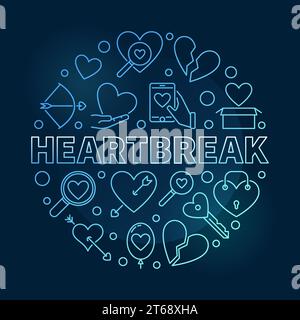 Heartbreak vector round blue outline illustration on dark background Stock Vector