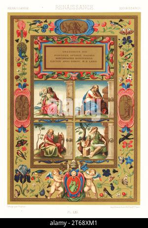 Renaissance art: painting. Painting on vellum by Giulio Clovio on the elevation of Gregory XIII to the Papal throne, 1573. With four evangelists in the centre, birds, flowers, cherubs, butterflies, dragon, key, mitre in the borders. Hand-finished chromolithograph by Pralon from Albert-Charles-Auguste Racinets LOrnement Polychrome, (Polychromatic Ornament), Firmin-Didot, Paris, 1869-73. Stock Photo