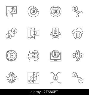 Vector set of Blockchain icons in thin line style on white background Stock Vector