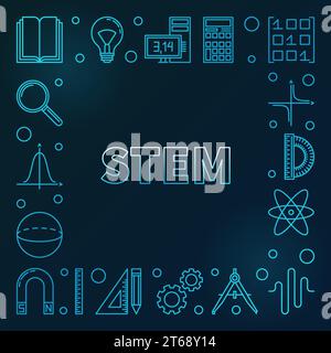STEM blue square frame. Vector science concept outline illustration on dark background Stock Vector