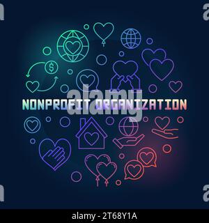 Nonprofit organization round vector colored illustration in outline style on dark background Stock Vector