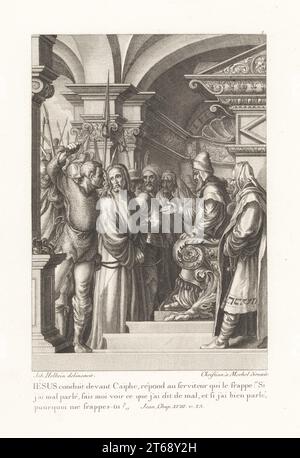 Jesus Christ brought before Jewish high priest Caiaphas. Jesus conduit devant Caiphe. John XVIII v 23. From Le Passion de Notre Seigneur, The Passion of our Lord. Copperplate engraving by Christian Mechel after a portrait by Hans Holbein in Christian von Mechel's Oeuvre de Jean Holbein, Chez Guillaume Haas, Basel, 1784. Stock Photo