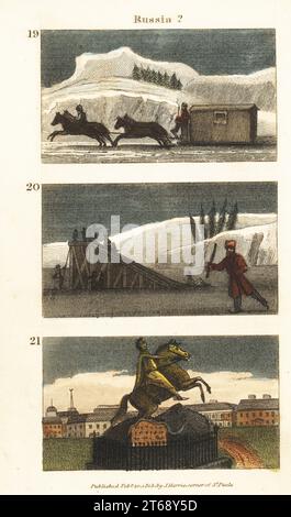 Historical views of Russia. The Emperor of Russia traveling in a horse-drawn house sleigh 19, children playing on the ice hills or Russian Mountains 20, and equestrian statue of Peter the Great 21. Handcoloured copperplate engraving from Rev. Isaac Taylors Scenes in Europe, for the Amusement and Instruction of Little Tarry-at-Home Travelers, John Harris, London, 1819. Stock Photo