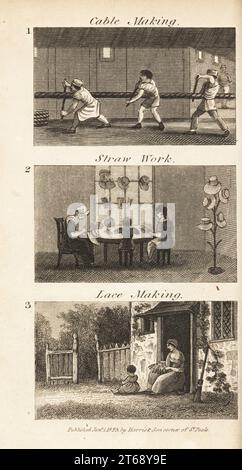 Trades in Regency England. Men twisting rope in a cable making factory in Deptford 1, women and children making straw hats in Dunstable 2 and a woman making lace outside a cottage in Buckingham 3. Woodblock engraving from Rev. Isaac Taylors Scenes of British Wealth, in Produce, Manufacture and Commerce, John Harris, London, 1823. Isaac Taylor was an English writer, artist, engraver and inventor 1787-1865. Stock Photo