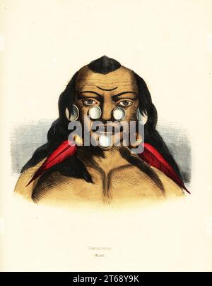 Matses or Matis warrior of Brazil, with facial tattoos, labrets, and piercings with macaw feathers and snail shells. Maxurunas Indian, Brazil. Maxourounas (Bresil). Handcoloured woodcut by Henri Hendrickx after Johann Baptist von Spix and Karl von Martius from Auguste Wahlen's Moeurs, Usages et Costumes de tous les Peuples du Monde, (Manners, Customs and Costumes of all the People of the World) Librairie Historique-Artistique, Brussels, 1845. Stock Photo
