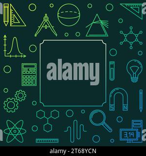 STEM education green square vector frame. Science technology engineering math concept illustration in thin line style on dark background Stock Vector