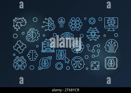 Digital Brain vector blue horizontal banner. AI concept illustration in outline style on dark background Stock Vector