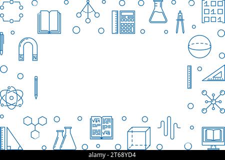 STEM learning blue horizontal frame on white background. Vector science concept illustration in thin line style Stock Vector