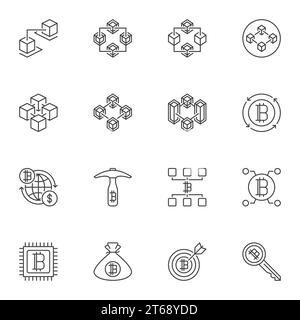 Set of Blockchain Technology outline vector icons. Block Chain concept signs or design elements in thin line style Stock Vector