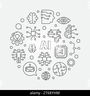 AI concept round illustration. Artificial Intelligence vector outline icons in circle shape Stock Vector