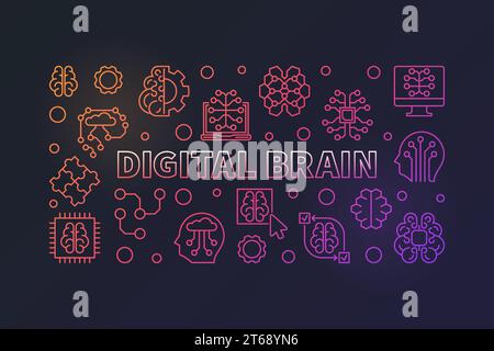 Digital Brain vector creative horizontal banner or illustration in thin line style on dark background Stock Vector