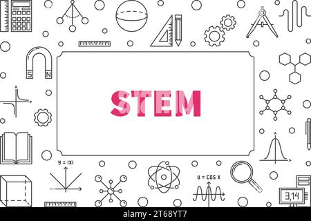 Vector STEM horizontal linear frame with place for your text. Education concept illustration in thin line style Stock Vector