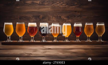 A rustic wooden plank with assorted colorful beers in various glasses Stock Photo