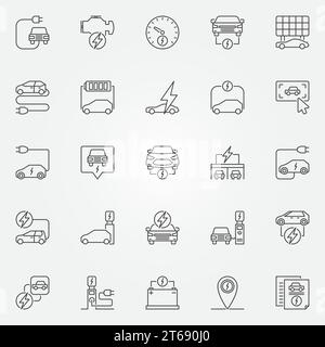 Electric car outline icons set. Vector plug-in electric automobile concept symbols in thin line style. Electric vehicle charging stations linear signs Stock Vector
