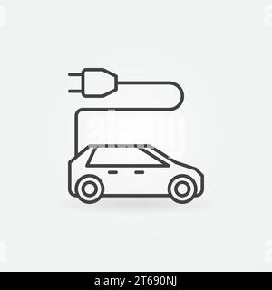 Electric car with plug vector minimal icon or logo element in thin line ...