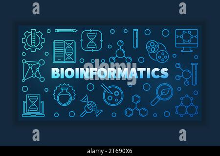 Bioinformatics concept blue outline banner on dark background. Vector linear illustration Stock Vector
