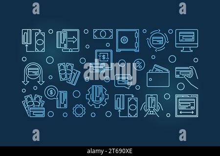 Money outline blue concept horizontal banner - cash Cards vector concept illustration in thin line style on dark background Stock Vector