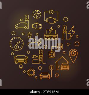 Charging stations and electric cars round vector golden illustration in outline style on dark background Stock Vector