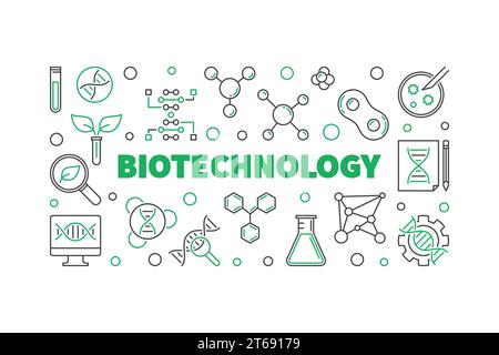 Biotechnolgy vector concept horizontal illustration or banner in thin line style Stock Vector
