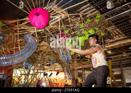 EDITORIAL USE ONLY Balete Spacecraft, a new artwork made of recycled materials by Leeroy New, is currently under construction at the city's newest venue Aviva Studios, home of Factory International. Picture date: Thursday November 9, 2023. Stock Photo